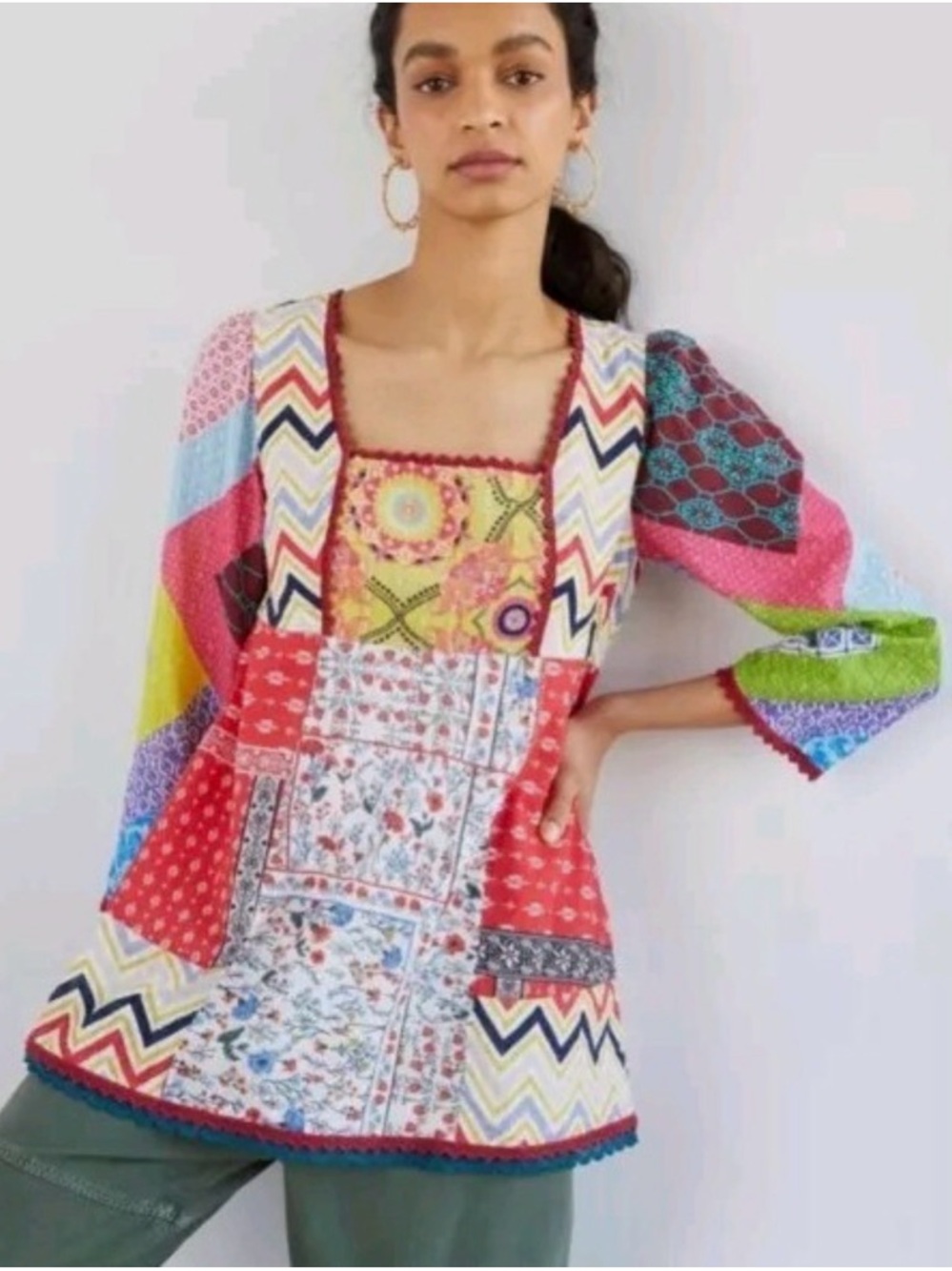 Anthropologie Let Me Be Boho Patchwork Multicolor Women's Peasant Top - Picture 4 of 14